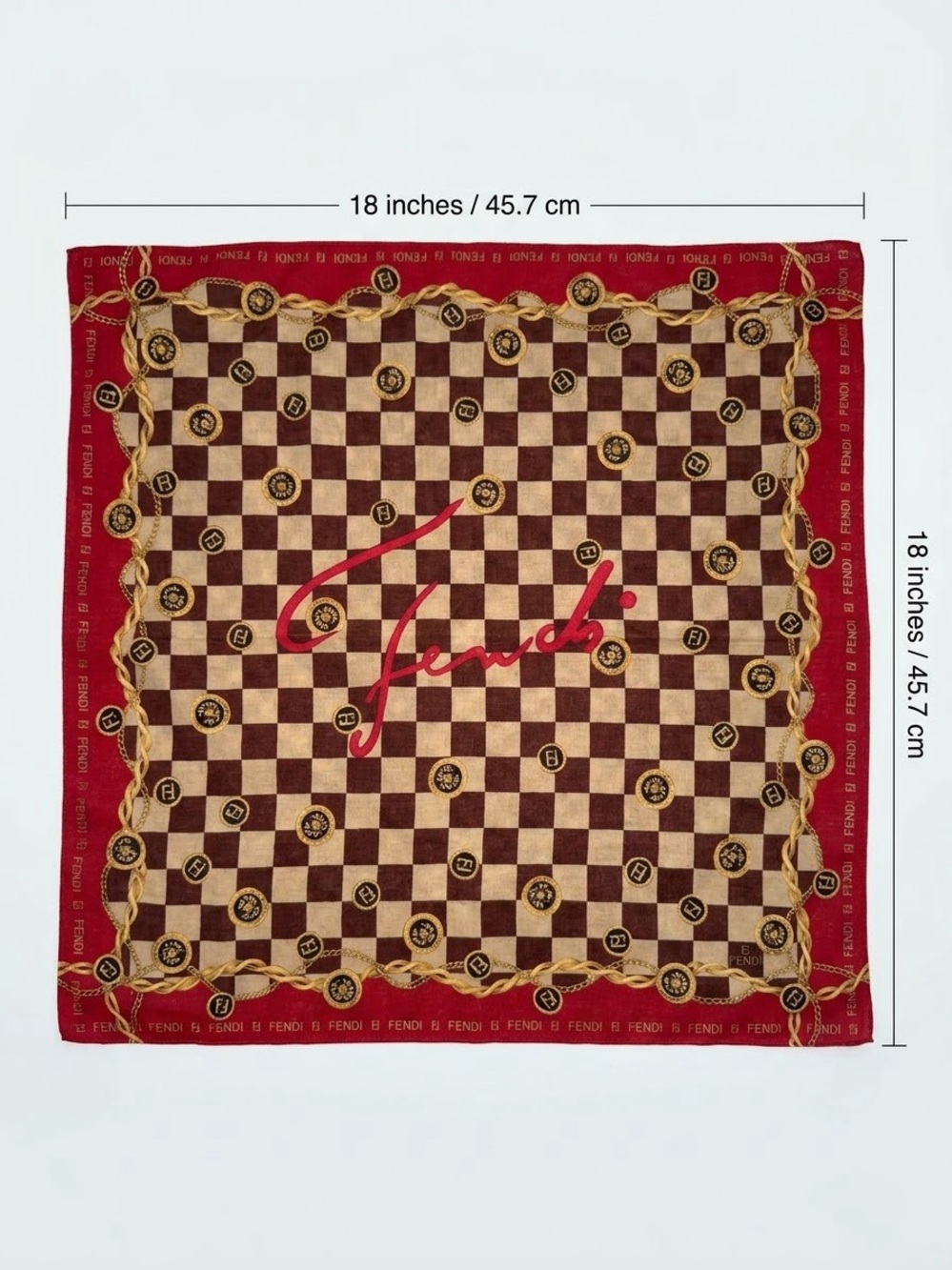 VINTAGE FENDI Brown Red Gold Chain Checkerboard Logo Scarf Bandana 18"x18" - Picture 3 of 4